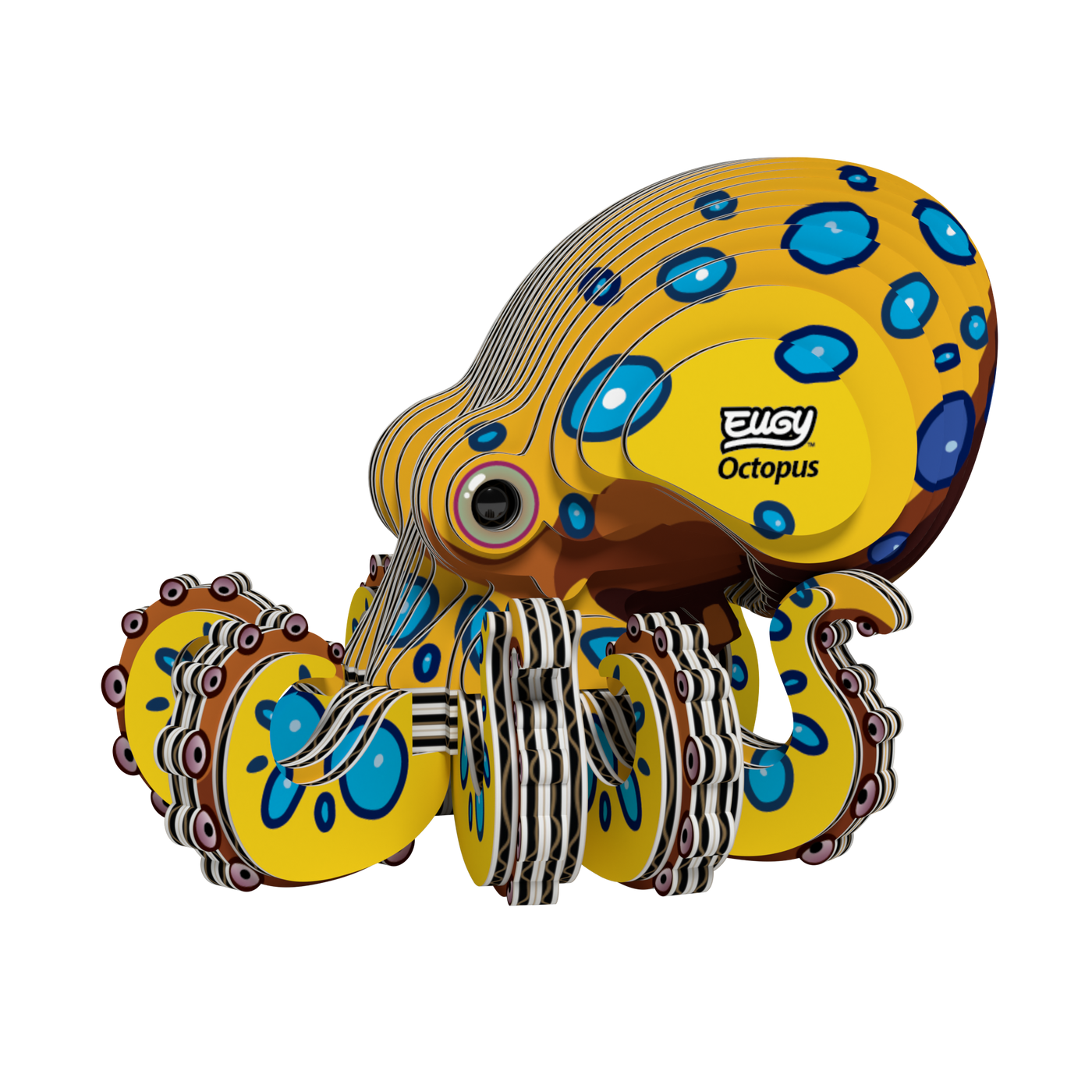 A colorful, cartoon-style model of a crab made from layered cardboard pieces with the label Eugy Crab on its head, this eco-friendly puzzle is a fun 3D crab puzzle perfect for creative play and learning.