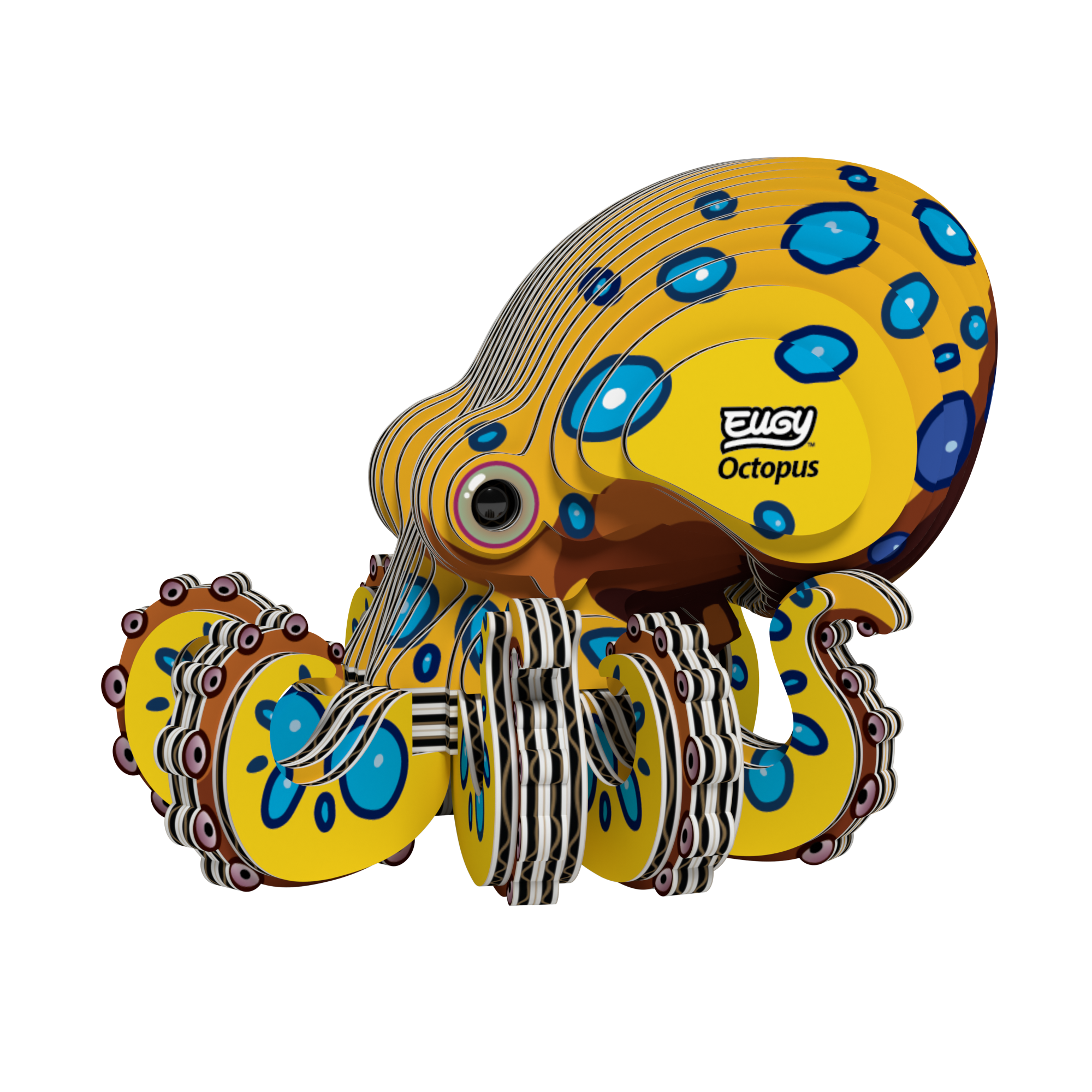 A colorful, cartoon-style model of a crab made from layered cardboard pieces with the label Eugy Crab on its head, this eco-friendly puzzle is a fun 3D crab puzzle perfect for creative play and learning.