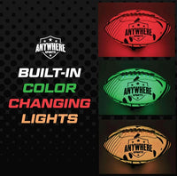 Three Pro Glow Light-Up Footballs from Thin Air Brands, LLC are displayed glowing in red, green, and yellow. Text reads: Built-in color changing lights. These LED footballs shine brightly against a black background with a dotted pattern on the left.