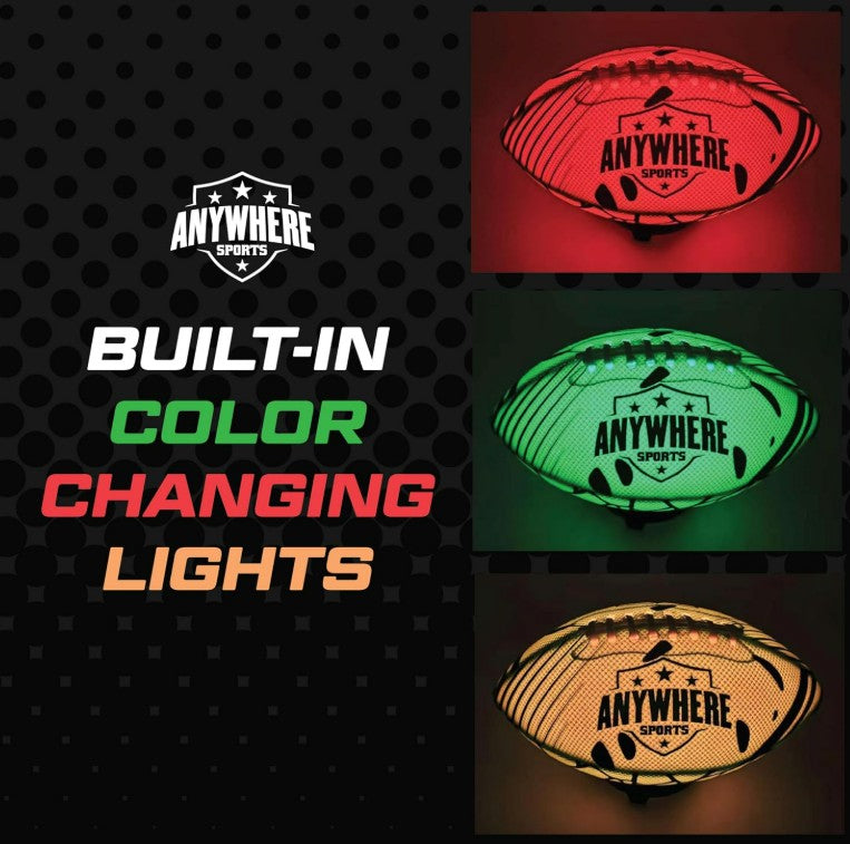 Three Pro Glow Light-Up Footballs from Thin Air Brands, LLC are displayed glowing in red, green, and yellow. Text reads: Built-in color changing lights. These LED footballs shine brightly against a black background with a dotted pattern on the left.
