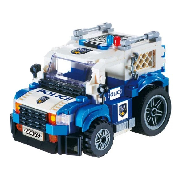 The Alpha Toys Police Car by Alpha Toys features a blue and white design with realistic decals, lights, and a rear cage, shown from the front left angle—ideal for patrol adventures and thrilling rescue missions.