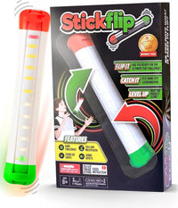 A toy named Stickflip from ImagiNew Playhome, featuring LED lights, is displayed alongside its packaging, which showcases key features, an age recommendation of 8+, and images of a child playing. The box includes graphics and text outlining the portable game’s skill-building challenges designed to enhance hand-eye coordination.