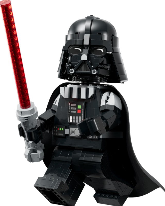 LEGO 75439 Darth Vader Bust from LEGO, featuring Darth Vader holding a red lightsaber and dressed in his signature black helmet, armor, and cape—an ideal collectible for Star Wars enthusiasts or fans of the iconic Darth Vader helmet—displayed against a white background.