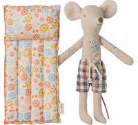 The Maileg Beach Mouse With Air Mattress, Dad - Flower by Maileg features a fabric Dad Mouse doll in plaid shorts and a bright floral air mattress, perfect for summer fun.
