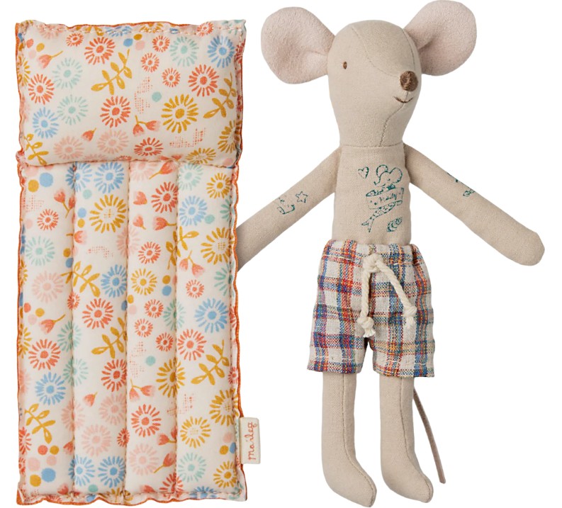 The Maileg Beach Mouse With Air Mattress, Dad - Flower by Maileg features a fabric Dad Mouse doll in plaid shorts and a bright floral air mattress, perfect for summer fun.