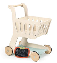 The Tenderleaf Shopping Cart by Tenderleaf features a chalkboard panel with pretend grocery drawings, four wheels, a handle, an open basket, and a lower shelf—ideal for imaginative play.
