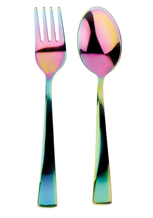 The ahimsa Rainbow Utensil Set is a BPA-free toddler fork and spoon with a shiny, iridescent finish, featuring pink, yellow, green, and blue hues—perfectly sized for little hands.