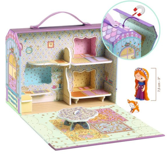 The DJECO Tinyly Bluchka & Indie House is a vibrant, fold-out playset by DJECO featuring two floors, furniture, and a table. This charming miniature house includes a Bluchka doll and Indie animal figure from the Tinyly figurines collection (shown beside a size reference). An inset image highlights the convenient carrying handle on this delightful set.