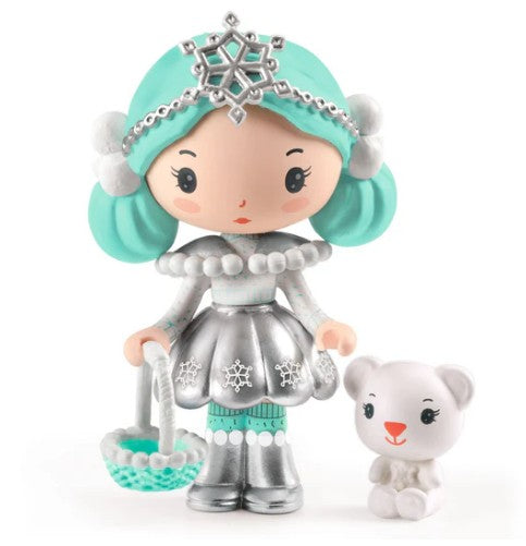 The DJECO Tinyly Neige & Nours collectible figurine by DJECO features a character with turquoise hair, a silver snowflake crown, and a shimmering silver dress, standing next to a small white bear. With large eyes and charming cartoon-like details, this figure perfectly captures its winter-inspired design.