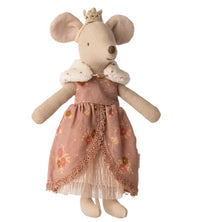 A Maileg Mum Mouse doll from the Queen dress collection, featuring a crown, a pink floral queen dress with lace trim, and a white fur collar, standing upright.