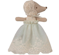 Maileg Baby Mouse In Gown - Mint stands upright against a white background, dressed in a delicate mint gown with ruffled details and a matching bonnet.