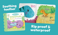 Introducing Dinosaurs Big & Little (Tuffy Teether Indestructible) by Cottage Door Press, a vibrant baby teether book with a soft teether edge and charming cartoon dinosaur illustrations inside. The text highlights its soothing teether and describes it as rip-proof and waterproof.