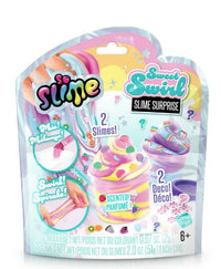 License 2 Play’s So Slime Sweet Swirl Blind Bag package displays two colorful slimes, two fun decorations, a vibrant cupcake-shaped slime, and illustrated candy pieces. The packaging highlights features like scented, mix!, and swirl!—making it perfect for creative slime creations and exciting surprises for ages 6 and up.