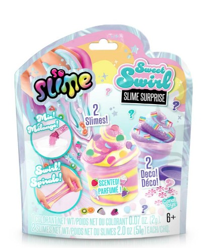 License 2 Play’s So Slime Sweet Swirl Blind Bag package displays two colorful slimes, two fun decorations, a vibrant cupcake-shaped slime, and illustrated candy pieces. The packaging highlights features like scented, mix!, and swirl!—making it perfect for creative slime creations and exciting surprises for ages 6 and up.