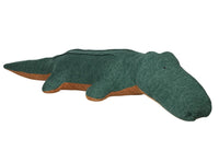The Maileg Safari Friends Crocodile Giant from Maileg is a plush toy designed to look like a crocodile, featuring soft green fabric on top and brown fabric underneath, shown lying on a white background.