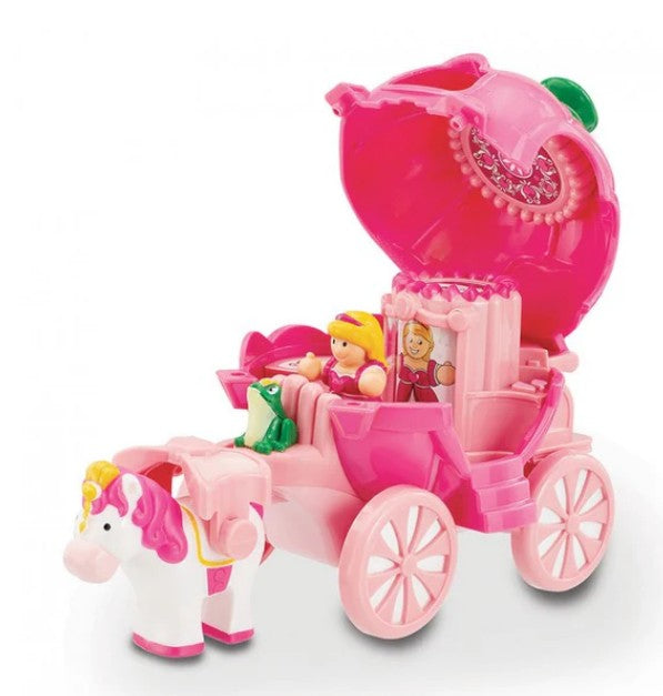 Smart Toys' Pippas Princess Carriage is a pink, pumpkin-shaped carriage with a hinged roof and large pink wheels, pulled by a white unicorn. It includes two small dolls and a green frog figure for imaginative play.
