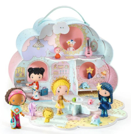 The DJECO Tinyly Sunny & Mia House by DJECO is a colorful, cloud-shaped miniature playset featuring various rooms, adorable doll-like characters, unicorns, and whimsical pastel decorations. Perfect for imaginative play, this charming set creates a playful and inviting scene for children.