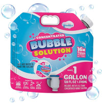 South Beach Bubbles Concentrated Bubble Solution Spouted Refill Pouch makes 1 gallon of bubbles and is perfect for refilling bubble toys or machines, with a convenient spout and floating bubbles on the packaging.