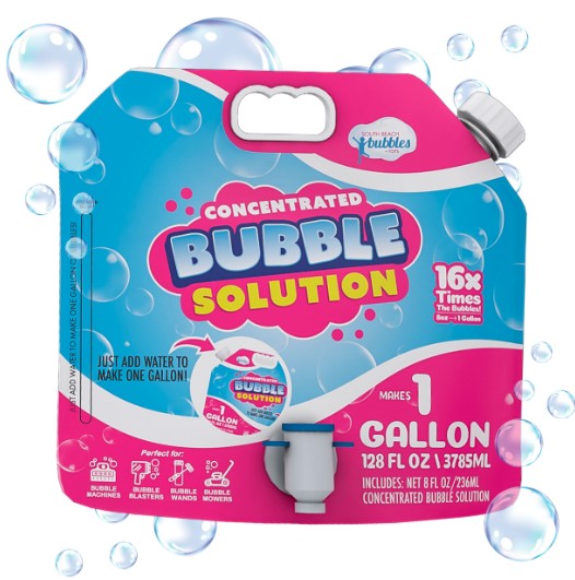 South Beach Bubbles Concentrated Bubble Solution Spouted Refill Pouch makes 1 gallon of bubbles and is perfect for refilling bubble toys or machines, with a convenient spout and floating bubbles on the packaging.