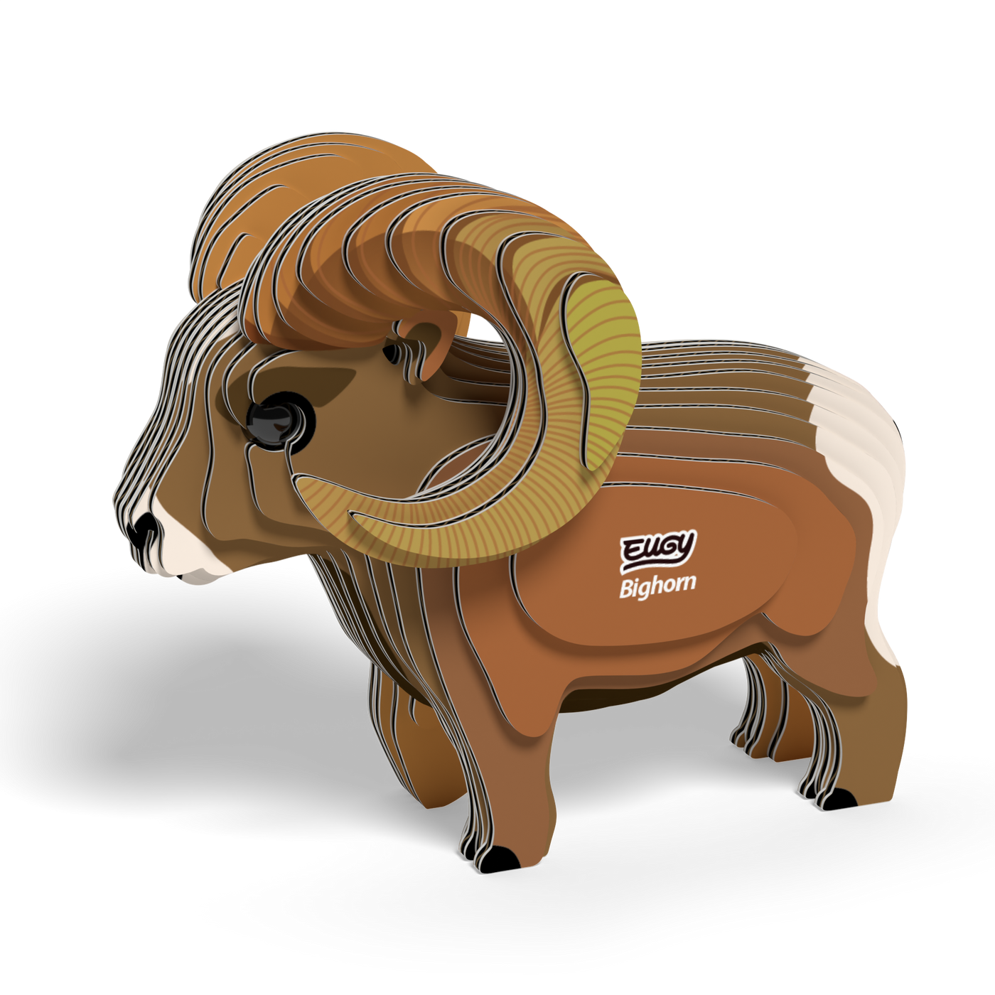 Introducing the Eugy EUGY Bighorn 3D Puzzle, an eco-friendly cardboard model featuring a distinctive layered design in shades of brown, beige, and cream. This creative STEM craft from Eugy showcases the bighorn sheep's iconic curved horns and "EUGY Bighorn" printed on its side—perfect for engaging imaginative minds.