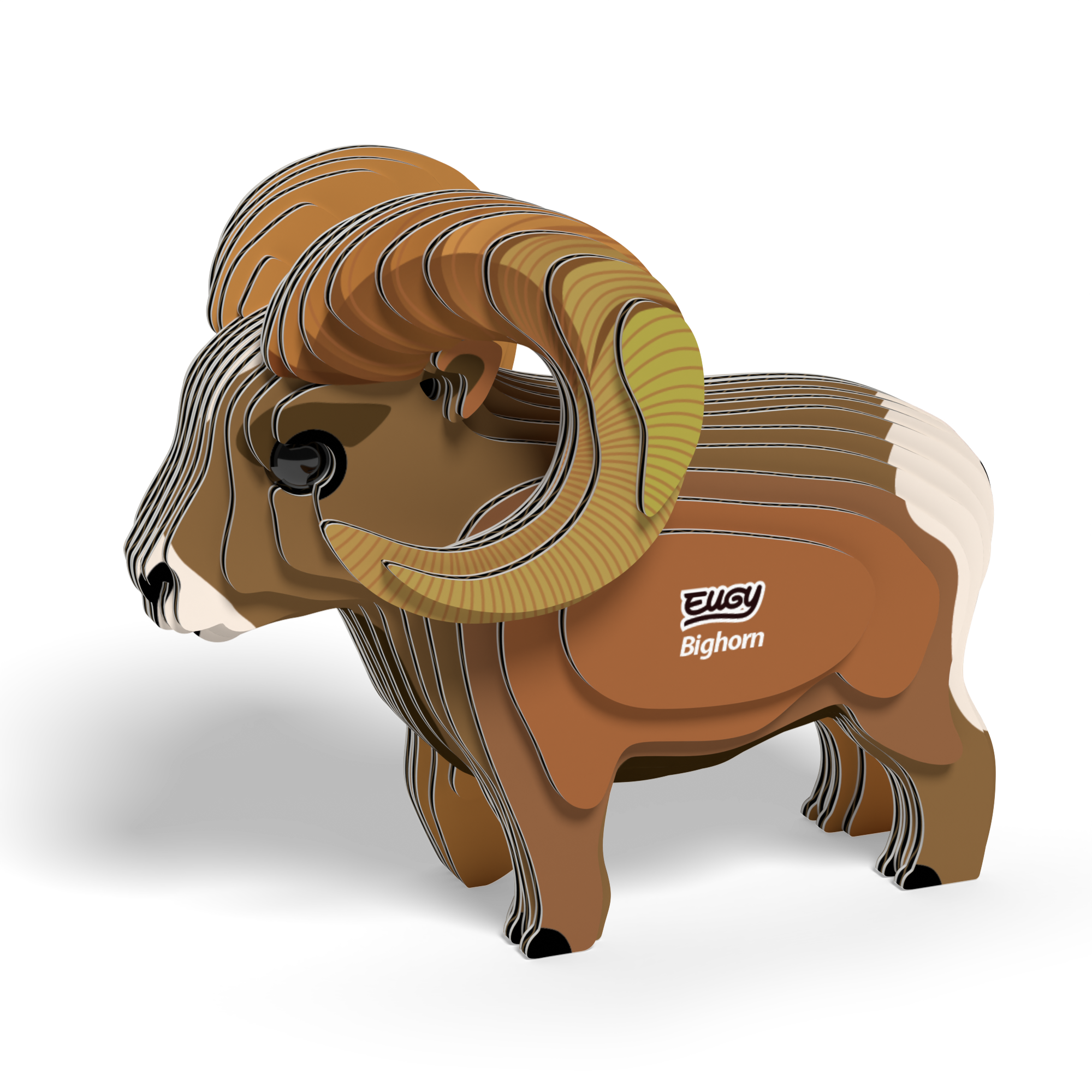 Introducing the Eugy EUGY Bighorn 3D Puzzle, an eco-friendly cardboard model featuring a distinctive layered design in shades of brown, beige, and cream. This creative STEM craft from Eugy showcases the bighorn sheep's iconic curved horns and "EUGY Bighorn" printed on its side—perfect for engaging imaginative minds.