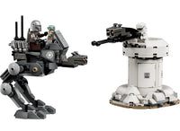 LEGO figures of Clone Troopers ride an AT-RT-style walker, inspired by classic Star Wars vehicles, and face off against a white turret with a Battle Droid. Both are detailed toy models from the LEGO 75444 AT-RT Attack line by LEGO—perfect for fans who love epic Clone Trooper battles in the Star Wars universe.