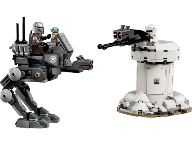 LEGO figures of Clone Troopers ride an AT-RT-style walker, inspired by classic Star Wars vehicles, and face off against a white turret with a Battle Droid. Both are detailed toy models from the LEGO 75444 AT-RT Attack line by LEGO—perfect for fans who love epic Clone Trooper battles in the Star Wars universe.