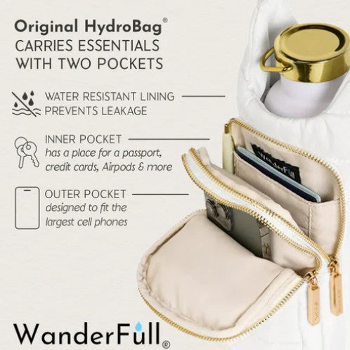 Introducing the Wander Full Brand HydroBag Handle White Neoprene: a beige bag featuring two zippered pockets—one for your water bottle and another designed to securely hold cards and a passport. Its water-resistant lining ensures protection, while the white neoprene handle offers comfortable carrying. Perfectly sized for essentials like phones and small personal items, this bag combines functionality with style.