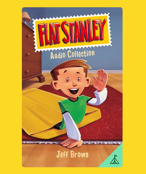 Book cover of the Yoto Flat Stanley Audio Collection by Yoto, showing cartoon boy Flat Stanley smiling and waving from a big yellow envelope, with a dresser and red rug behind—a great choice for your Yoto card collection.