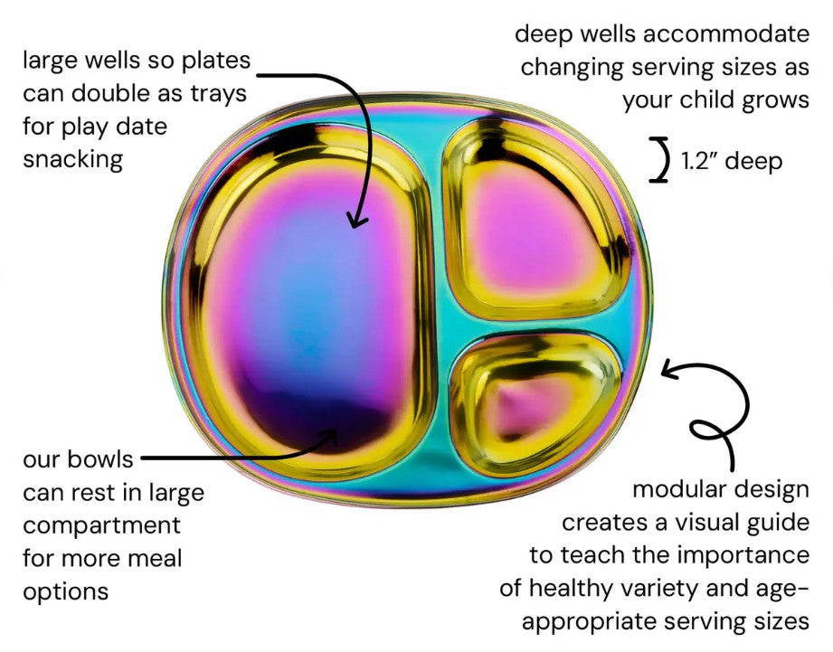 The ahimsa Rainbow Balanced Bites Compartment Plate features three colorful sections, labeled to guide portion sizes, deep and large wells for snacks or meals, bowls that fit the biggest section, and a modular design to teach healthy variety.