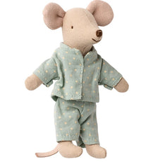 The Maileg Little Brother Mouse In Matchbox by Maileg features a light brown mouse with large ears, dressed in light blue polka dot pajamas, ready for bedtime in his cozy matchbox bed.