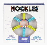 Box of Fun in Motion’s Nockles – Loop fidget toy, featuring a star-shaped pattern of blue and yellow bendable links visible through clear packaging. The text highlights sensory toy fun, uniquely designed links with satisfying tactile feedback, and suitability for ages 5 and up.