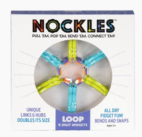 Box of Fun in Motion’s Nockles – Loop fidget toy, featuring a star-shaped pattern of blue and yellow bendable links visible through clear packaging. The text highlights sensory toy fun, uniquely designed links with satisfying tactile feedback, and suitability for ages 5 and up.