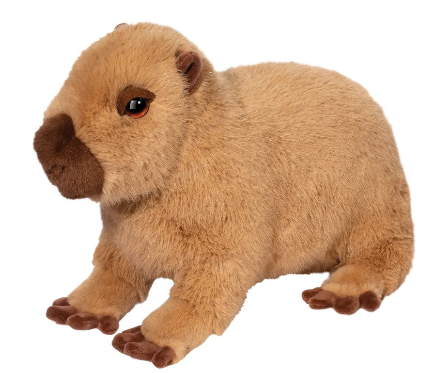 The Douglas Chattie Capybara Super Soft plush features light brown fur, a dark brown nose and feet, and round dark eyes. This cuddly stuffed animal is perfect for snuggling and sits on a white background.