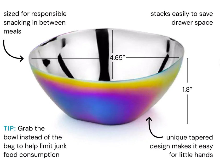 The ahimsa Rainbow Smart Snacking Bowl (12 oz) is a small, iridescent BPA-free stainless steel bowl (4.65" diameter, 1.8" high) with a tapered, stackable design perfect for snacks and little hands.