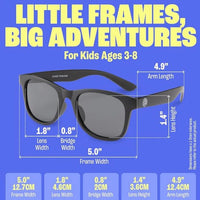 Introducing Baby Sunnies Black Kids Polarized Sunglasses, specially designed for children ages 3-8 years. These stylish sunglasses feature labeled measurements: a 5.0” frame width, 1.8” lens width, 0.8” bridge width, 1.4” lens height, and 4.9” arm length for a perfect fit. The black polarized lenses offer superior UV protection and comfort on every adventure—because little frames mean big adventures!.
