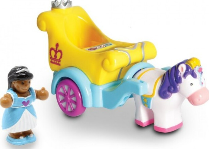 Phoebes Princess Parade by Smart Toys is a delightful playset with a yellow and blue princess carriage, a white horse with a purple mane, and a smiling girl figurine in a blue gown—ideal for imaginative role-play adventures.