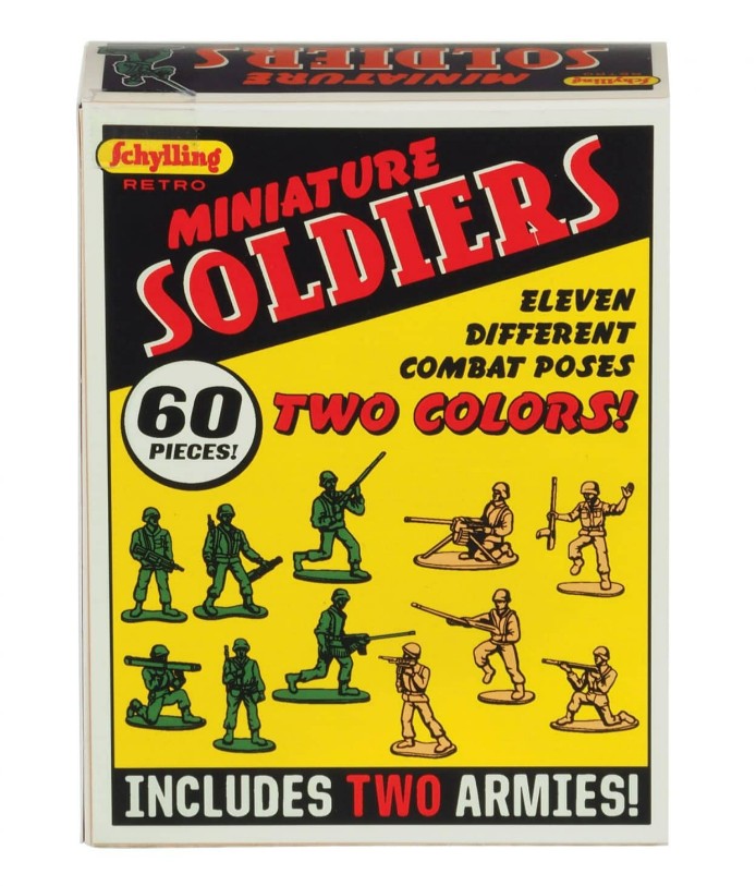 The Schylling Toys Retro Mini Soldier 60 Pack includes 60 miniature soldier figures in two colors and eleven different poses, perfect for imaginative play. The box, with its yellow and red design, proudly states "Includes Two Armies!.