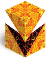 Introducing the Duomoto - Deluge by Fun in Motion: This unique kinetic fidget toy features two stacked cubes—one blazing with bright yellow flames on top, and the other showcasing a fiery yellow exterior with a striking black-and-red lava-like interior. Hovering playfully side by side, these mesmerizing cubes make an ideal sensory toy for stress relief and endless fun.