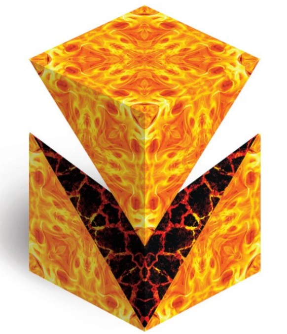 Introducing the Duomoto - Deluge by Fun in Motion: This unique kinetic fidget toy features two stacked cubes—one blazing with bright yellow flames on top, and the other showcasing a fiery yellow exterior with a striking black-and-red lava-like interior. Hovering playfully side by side, these mesmerizing cubes make an ideal sensory toy for stress relief and endless fun.