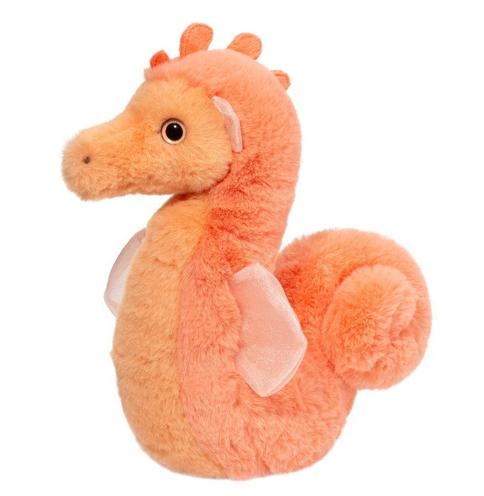 The Douglas Sherbet Seahorse is a soft, orange plush toy with a curly tail, small fins, plush orange spikes along its head and back, shiny round black eyes, and a friendly expression.