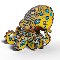 A vibrant 3D Crab puzzle model made from layered cardboard, featuring yellow and blue spots, with the words “Crab” and “Eugy” on its head. This eco-friendly puzzle also makes a fun STEM toy for kids and collectors alike.