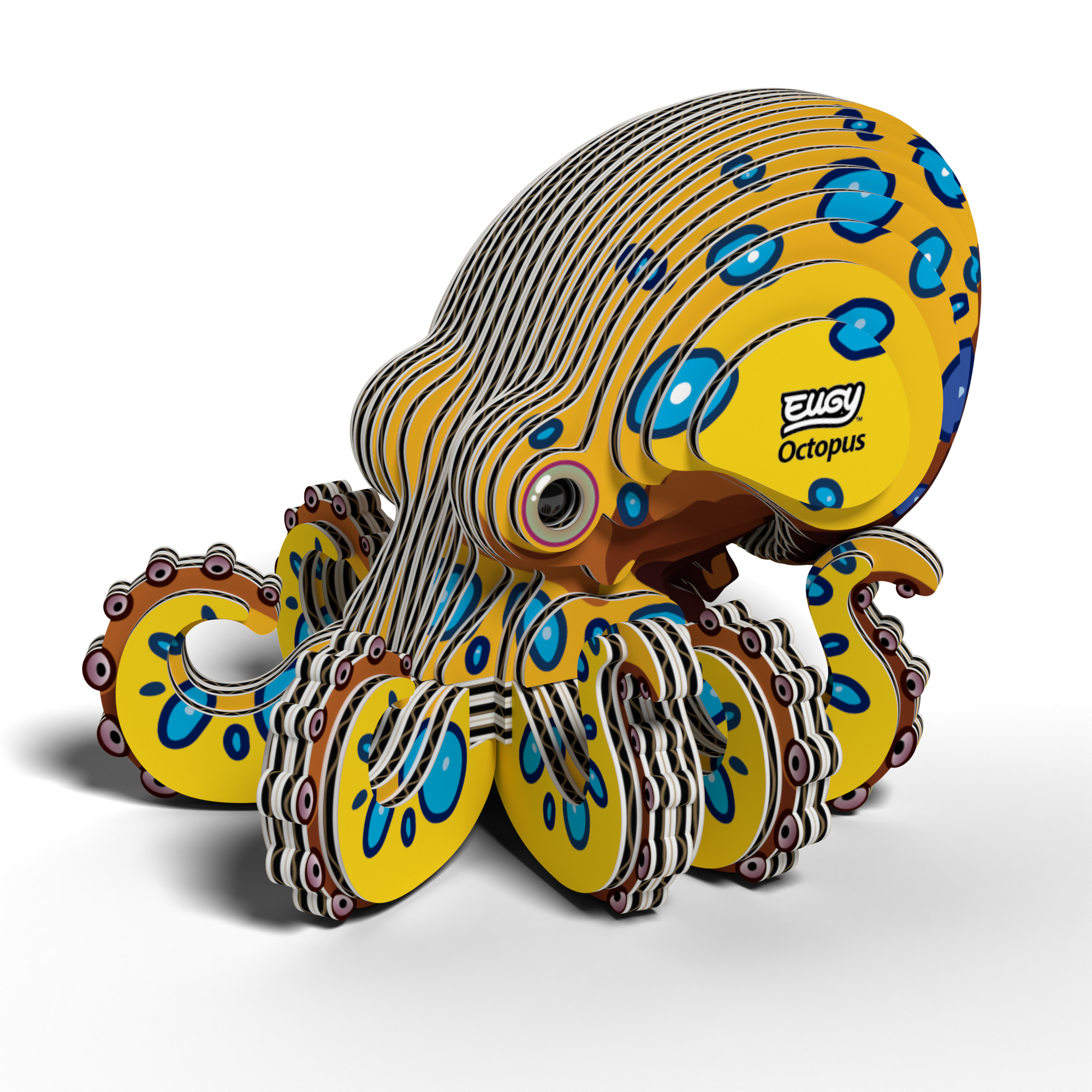 A vibrant 3D Crab puzzle model made from layered cardboard, featuring yellow and blue spots, with the words “Crab” and “Eugy” on its head. This eco-friendly puzzle also makes a fun STEM toy for kids and collectors alike.