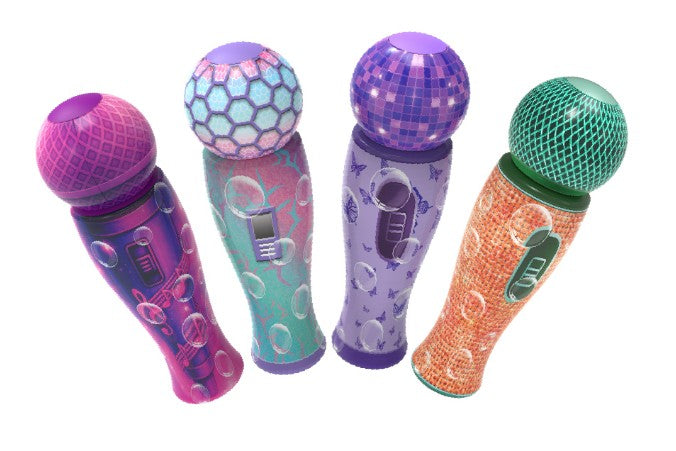 Four vibrant The Unspillables Pop Star Bubbles toy microphones by South Beach Bubbles in purple, teal, and orange, displayed upright—perfect for mess-free bubble fun during any outdoor activity.