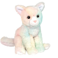 The Douglas Pixie Rainbow Cat Soft is a plush toy featuring large round eyes, ultra-soft pastel materials in white, pink, blue, and green, upright pose with curled tail, and charming embroidered details.