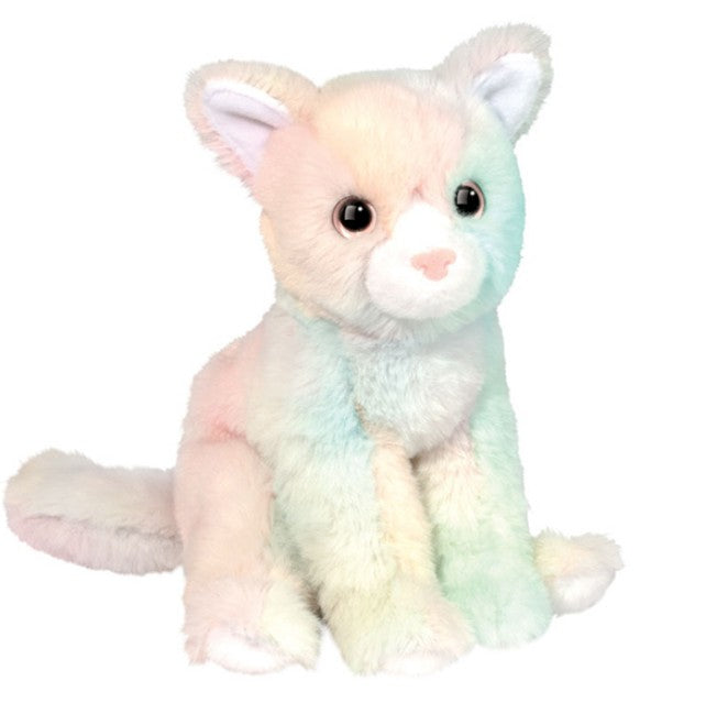 The Douglas Pixie Rainbow Cat Soft is a plush toy featuring large round eyes, ultra-soft pastel materials in white, pink, blue, and green, upright pose with curled tail, and charming embroidered details.
