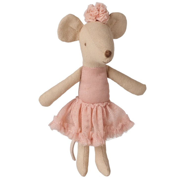 Maileg Ballerina Mouse, Big Sister - Light Heather by Maileg features a beige fabric body, round ears, and a small brown stitched nose. Dressed in a light heather pink tulle skirt and matching headband, this charming stuffed doll is perfect for imaginative ballet play and looks ready to dance on stage.