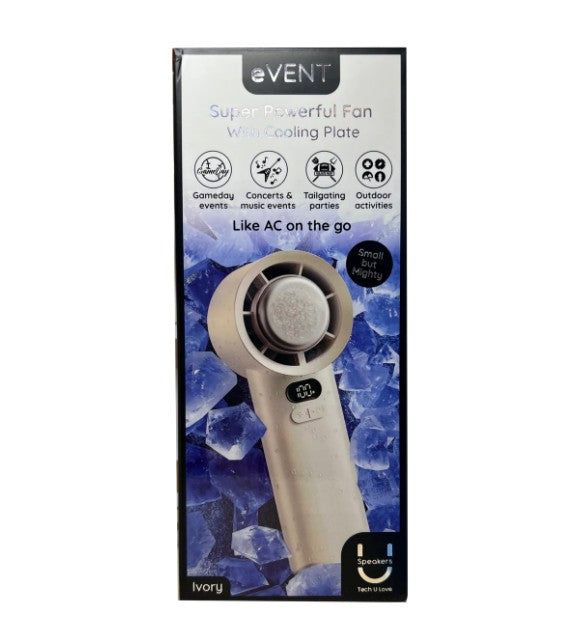 The Fashionit Event Ivory Handheld Fan with Cooling Plate is showcased in its box against an icy blue background, featuring a stylish ivory finish and a round cooling plate. Text emphasizes its suitability for events, parties, concerts, and outdoor activities.