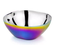 The ahimsa Rainbow Smart Snacking Bowl (12 oz), a BPA-free stainless steel bowl, features a shiny, reflective surface with blue, purple, and yellow iridescent gradients along the base and sides, shown against a white background.