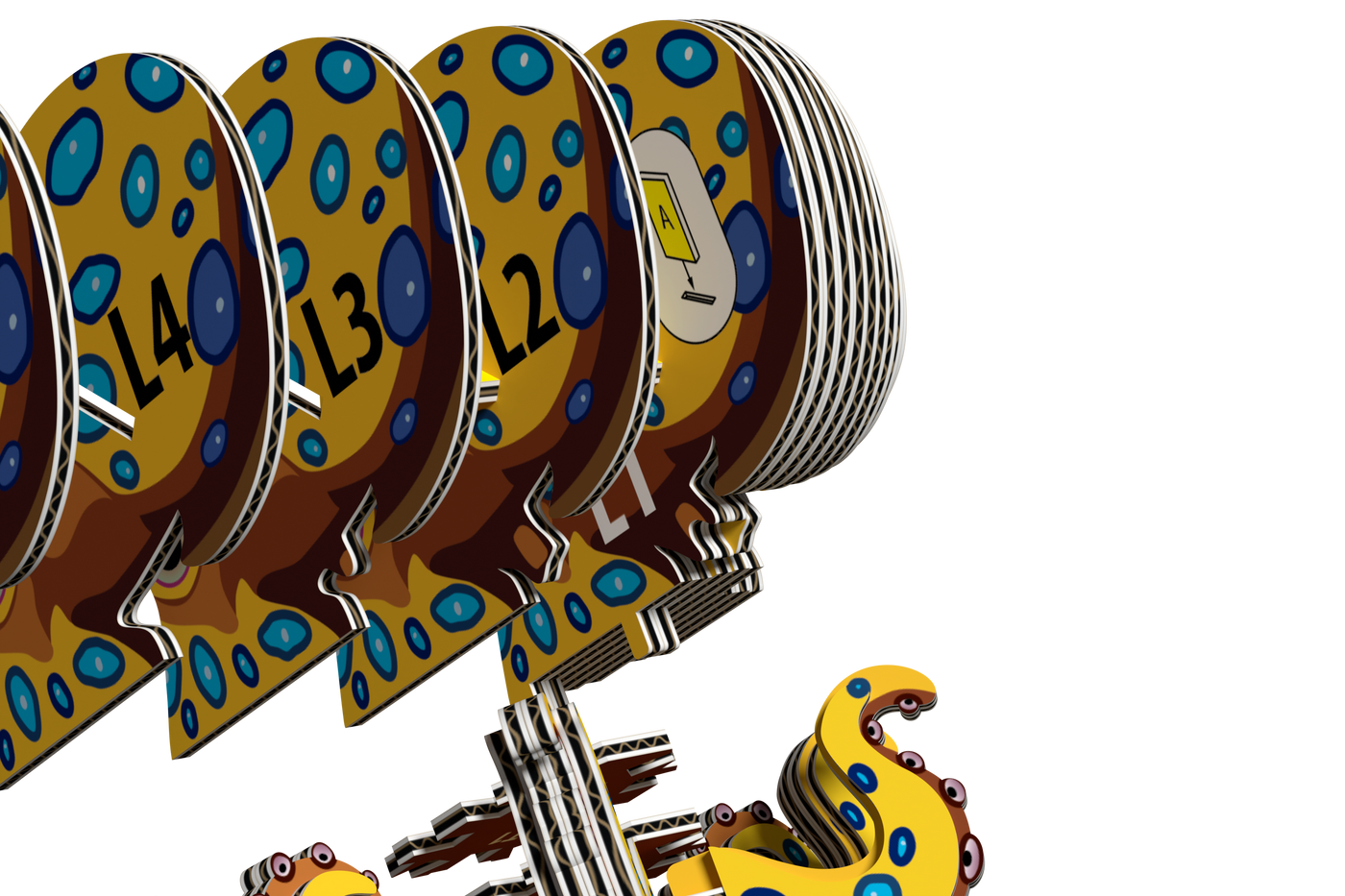 Four stylized, yellow and blue-spotted mechanical heads are aligned in a row, numbered L4 to L1, with gears and tentacle-like details visible below on a white background—evoking the playful complexity of Eugy's eco-friendly EUGY Crab 3D Puzzle.